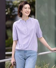 【オンワード】 J.PRESS LADIES>トップス 【洗える】アセVisギンガム バンドカラー ブラウス ラベンダー 11 レディース