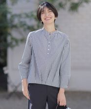 【オンワード】 J.PRESS LADIES S（小さいサイズ）>トップス 【洗える・接触冷感・UVケア】エステネージュストライプ コクーン ブラウス ホワイト×ネイビーギンガム P5 レディース