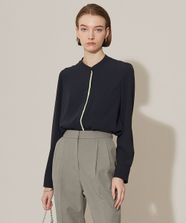 【オンワード】 ICB>トップス 【WEB限定カラーあり・速乾・洗える】BackSatinAmunzen バンドカラーブラウス ネイビー XS レディース