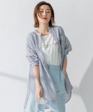 【オンワード】 23区>トップス 【WEB限定カラーあり/洗える】LIBECO バンドカラー ビッグシルエット シャツ ネイビーストライプ 38 レディース