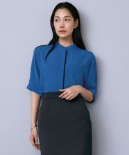 【オンワード】 ICB>トップス 【人気のため新色追加・接触冷感・UVケア・速乾・洗える】BackSatinAmunzen 5分袖バンドカラーブラウス アゲートブルー S レディース
