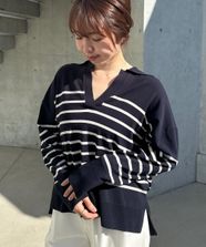 【オンワード】 UNFILO>トップス 【洗える/抗菌防臭】マイビューティ スキッパーニット ネイビー×アイボリー M レディース