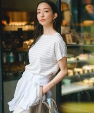 【オンワード】 23区 S（小さいサイズ）>トップス 【新色追加/VERY5月号掲載】レーヨンポリエステルストレッチ プルオーバー ニット オフホワイト×ベージュボーダー 32 レディース