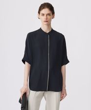 【オンワード】 ICB>トップス 【新色追加・接触冷感・UVケア・速乾・洗える】BackSatinAmunzen 5分袖バンドカラーブラウス ネイビー XS レディース
