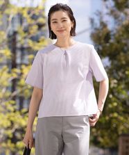 【オンワード】 J.PRESS LADIES L（大きいサイズ）>トップス 【洗える・抗菌防臭・吸水速乾】サッカージャージー ペプラム カットソー オフ×ラベンダー T15 レディース