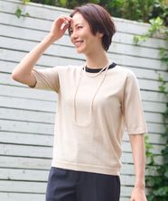【オンワード】 自由区>トップス 【アンサンブル対応・洗える】ウールシルク5分袖 ニット シャンパンベージュ 38 レディース