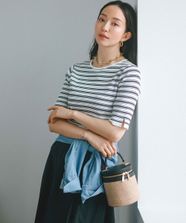 【オンワード】 23区 L（大きいサイズ）>トップス 【洗える】レーヨンポリエステルストレッチ 5分袖 ニット オフホワイトxブラックボーダー 44 レディース