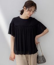 【オンワード】 組曲 L（大きいサイズ）>トップス 【先行予約】プリーツコンビ5分袖 カットソー ブラック 6 レディース