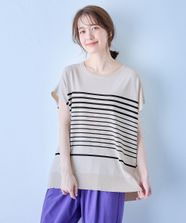 【オンワード】 any FAM>トップス 【洗濯機可/接触冷感/UVカット/アンチピリング】フレンチスリーブニットプルオーバー サンドベージュ×ブラック F レディース