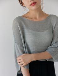 【fifth/フィフス】ボートネックメッシュ編み5分袖ニットプルオーバー