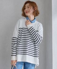 【オンワード】 23区 L（大きいサイズ）>トップス 【洗える】プレミアムビオコットン ビッグシルエット ニット オフホワイトxネイビーボーダー 44 レディース