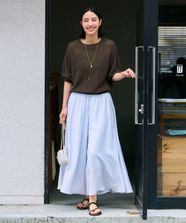 【オンワード】 UNFILO>パンツ 【撥水/接触冷感/洗える】 ヴィンテージシアー ギャザーワイドパンツ ライトブルー L レディース