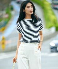 【オンワード】 23区>トップス 【洗える/好評につき新色追加】レーヨンポリエステルストレッチ プルオーバー ニット オフ×ダークネイビーボーダー 38 レディース