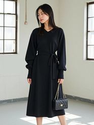 【fifth/フィフス】Vネックウエストリボン付きニットワンピース